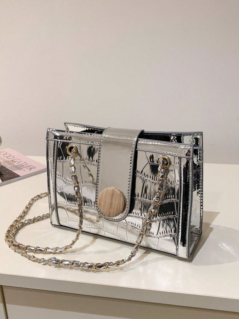 Small Square Bag Crocodile Embossed Button Decor Metallic Funky