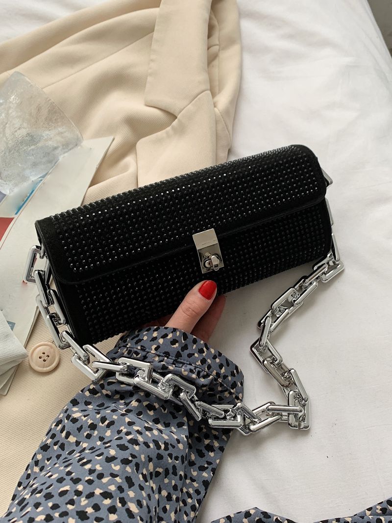 Small Baguette Bag Studded Decor Chain Flap PU