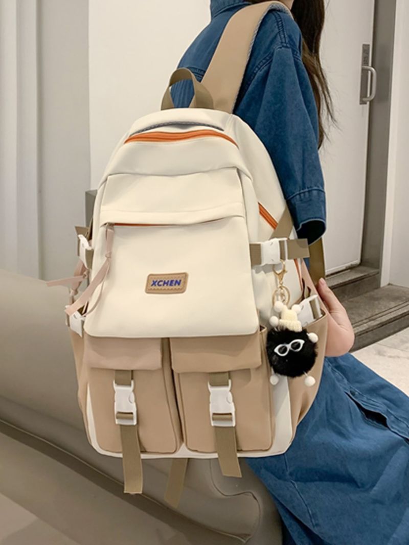 Medium Functional Backpack Colorblock Letter Patch Decor With Bag Charm