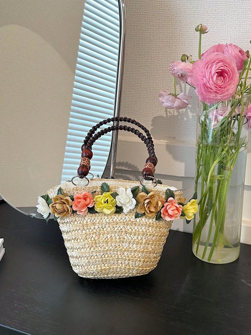 Flower Decor Straw Bag Medium Double Handle Vacation