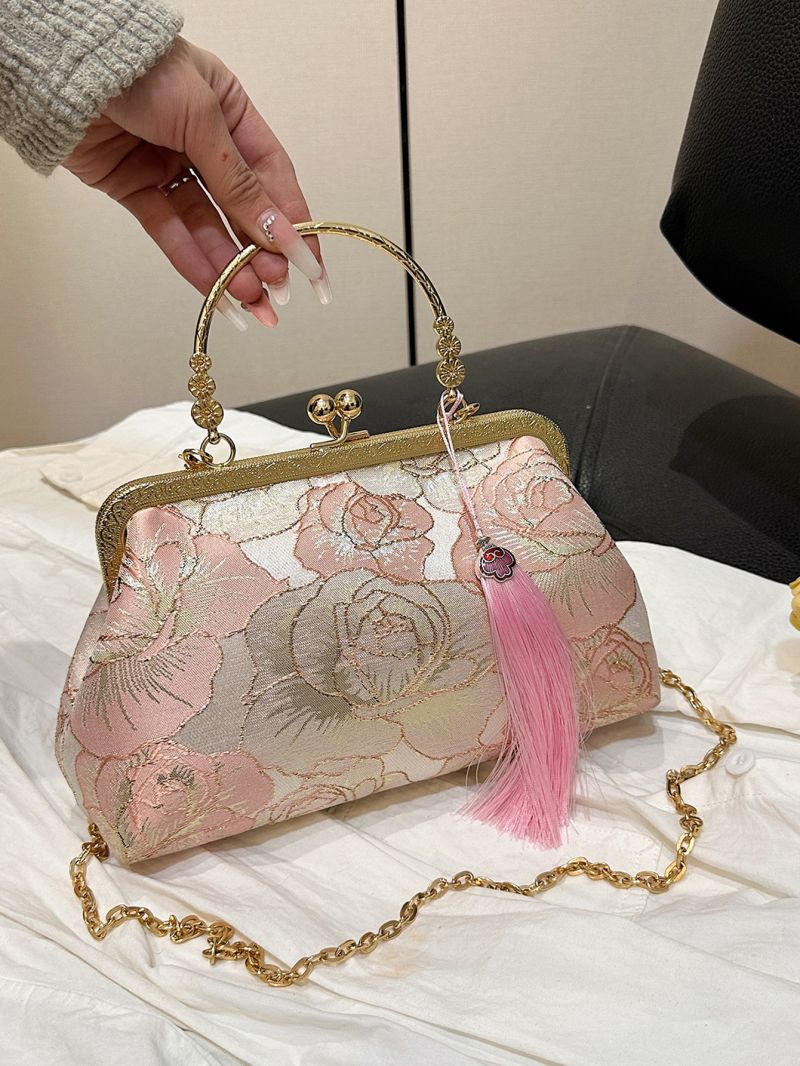 Flower Embroidered Square Bag Kiss Lock Tassel Decor