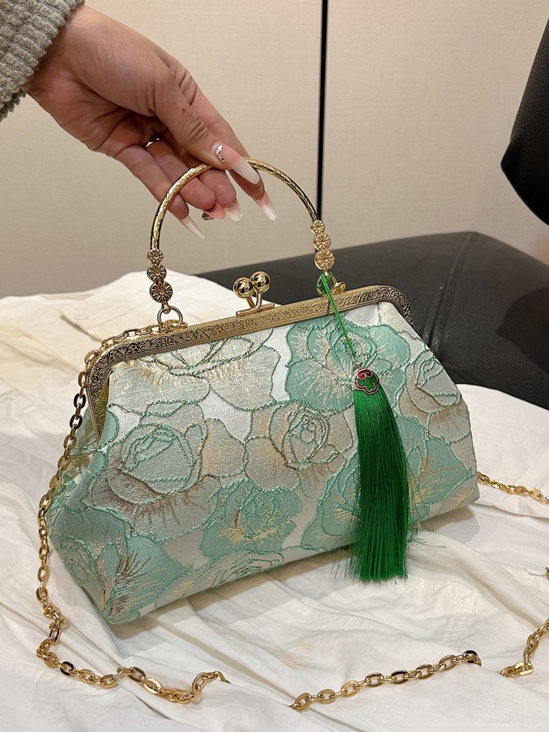 Flower Embroidered Square Bag Kiss Lock Tassel Decor