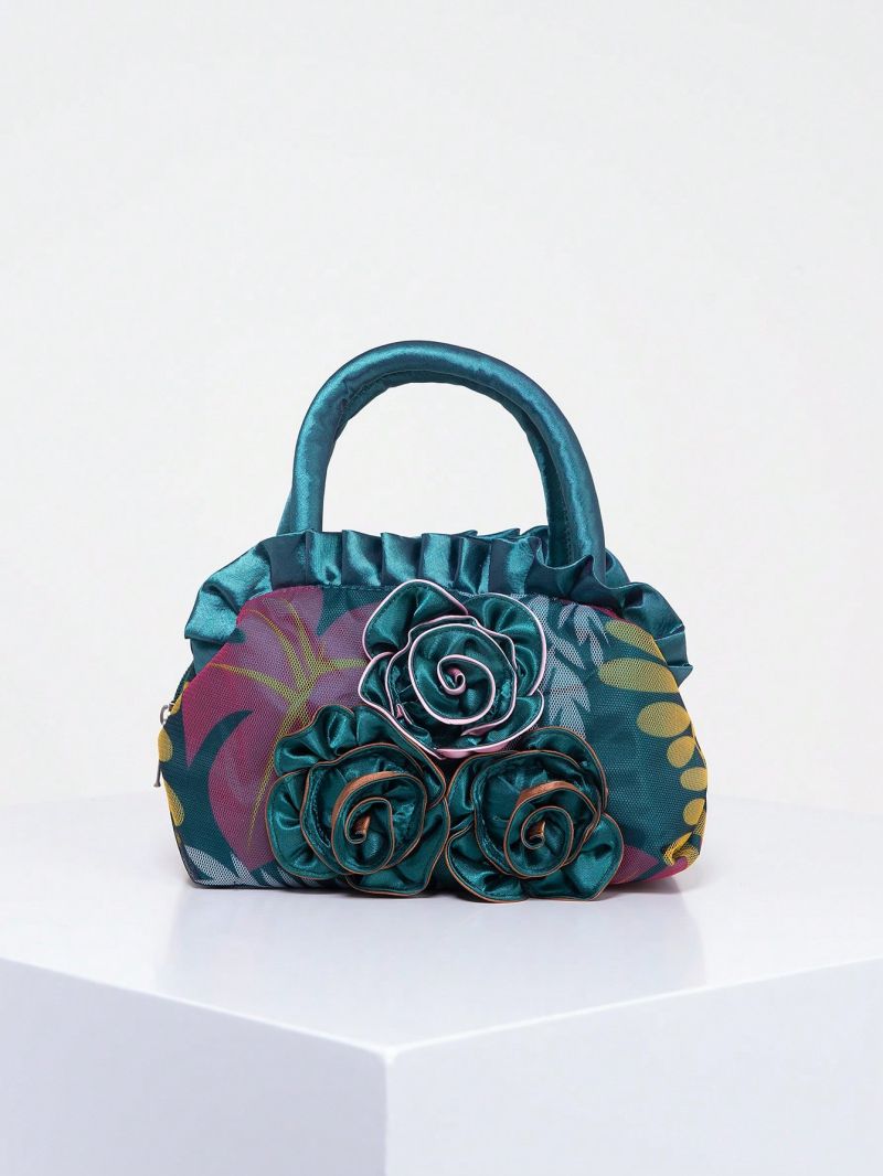 Random Color Flower Decor Zipper Handbag, Fashion Double Handle Purse, Casual Flower Design Bag For Shopping & Travel Random Pattern