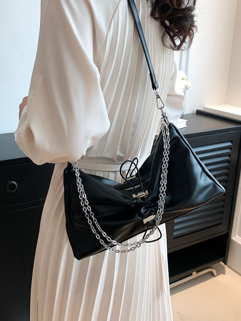 Drawstring Design Baguette Bag Chain Strap Black