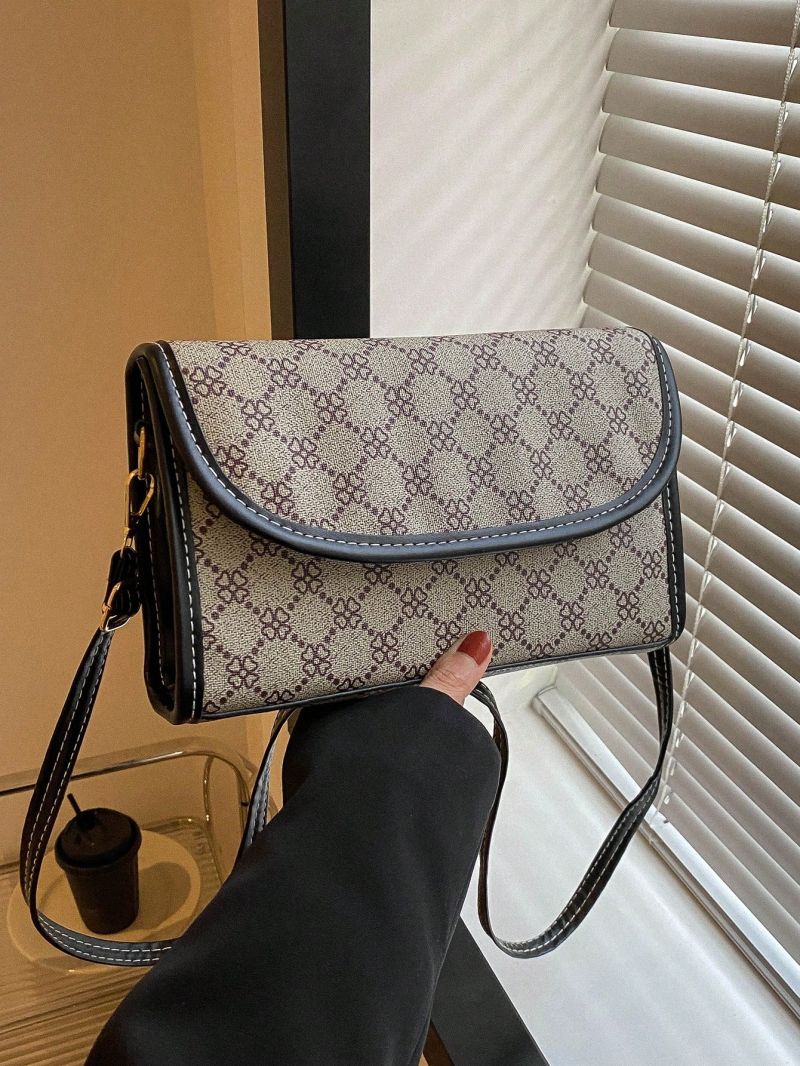 Small Flap Square Bag Geometric Pattern Contrast Binding Elegant