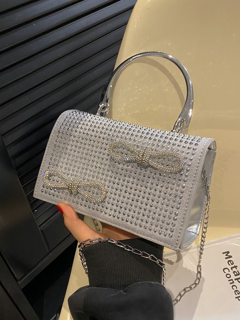 Mini Flap Square Bag Rhinestone & Bow Decor