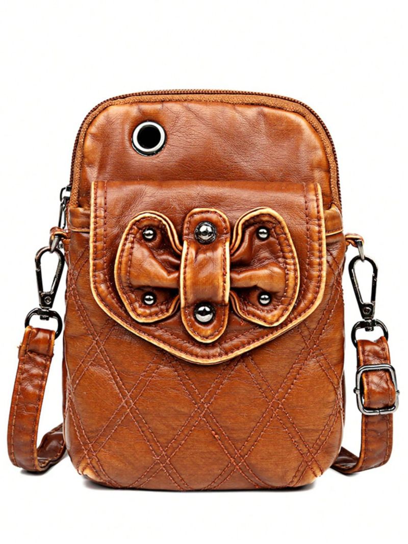 Quilted Pattern Phone Wallet Studded & Bow Decor With Earphone Hole