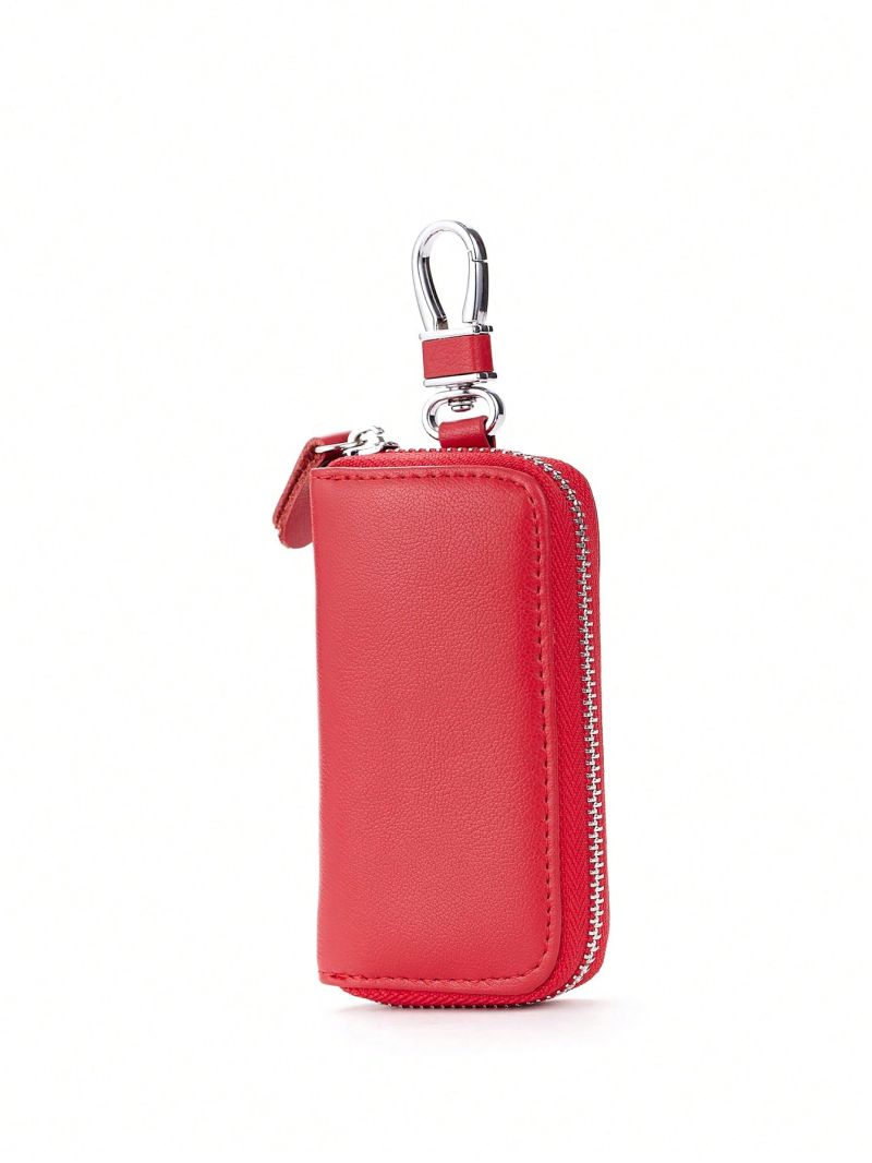 Minimalist Key Case Zipper Red Genuine Leather