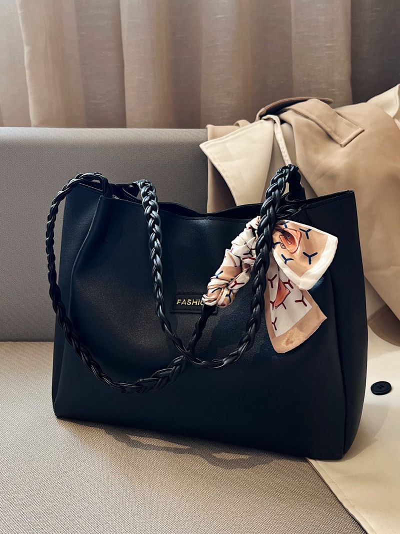 Letter Patch Shoulder Tote Bag Black Twilly Scarf Decor Double Handle For Work