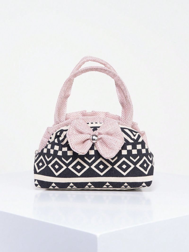Mini Satchel Bag Geometric Print Bow Decor