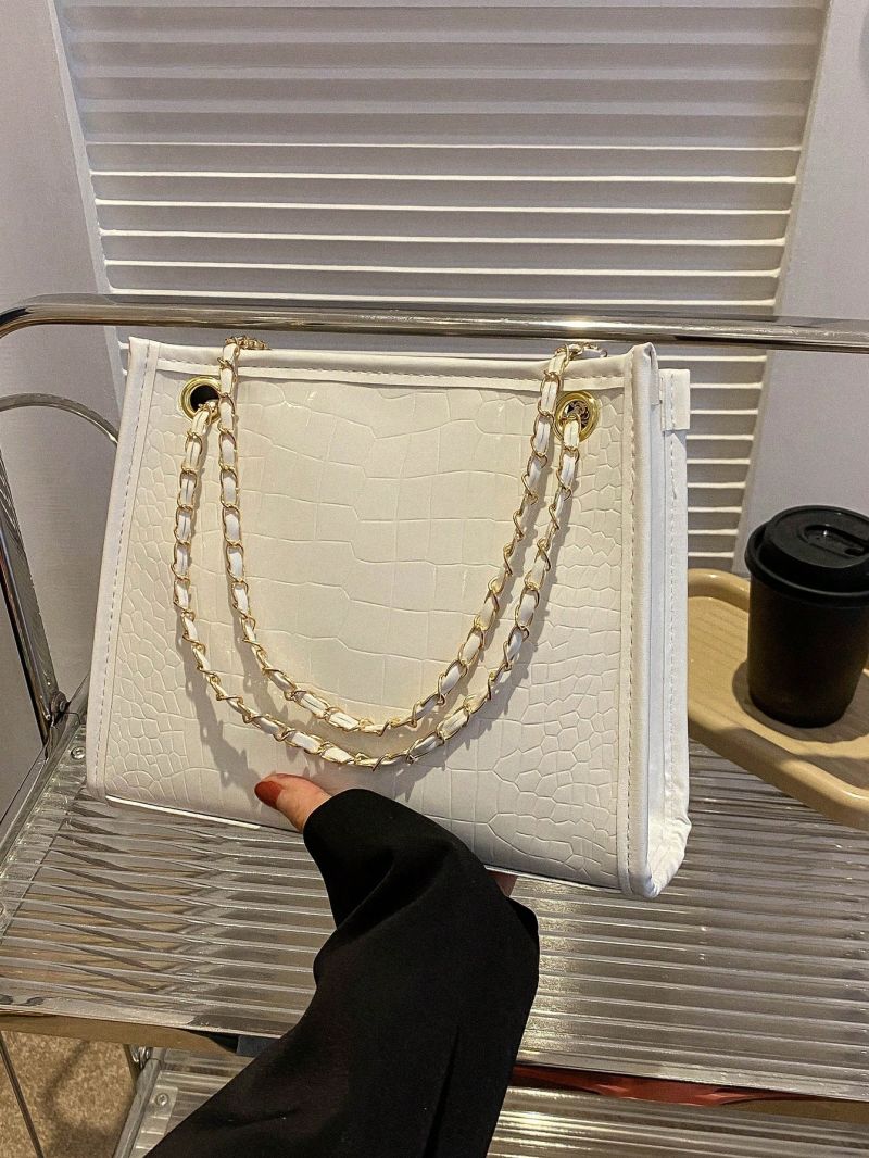 Crocodile Embossed Square Bag Beige Chain Strap For Daily