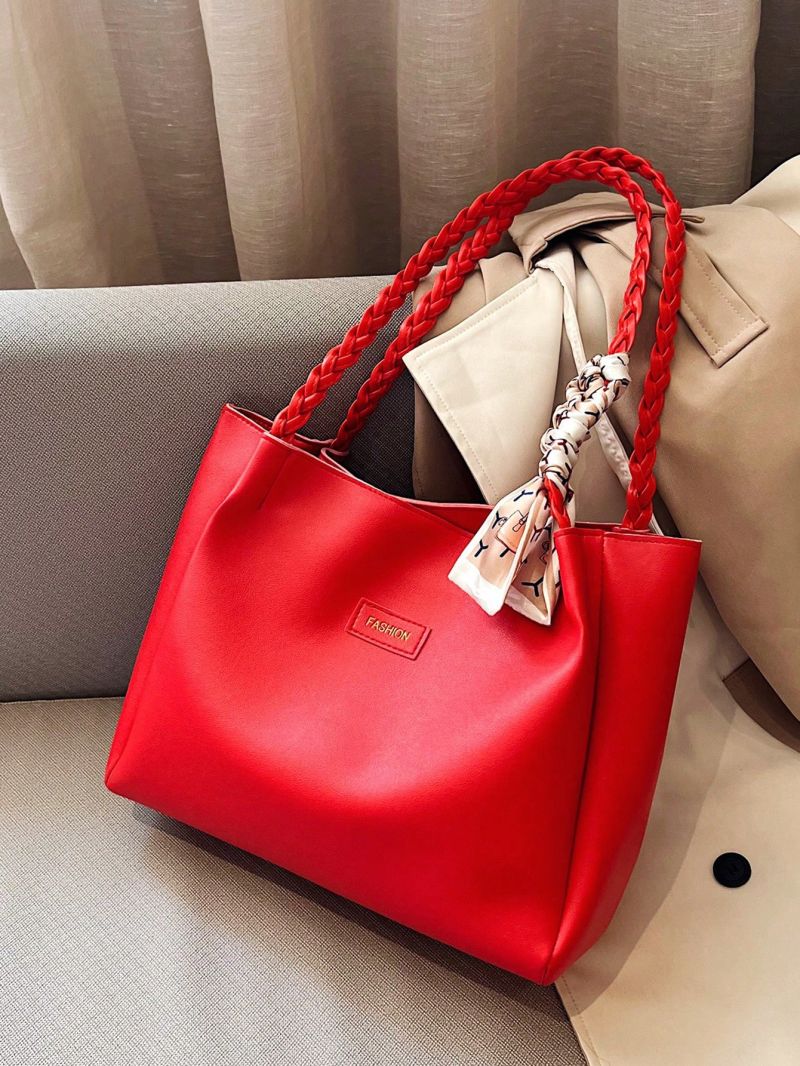 Letter Patch Shoulder Tote Bag Black Twilly Scarf Decor Double Handle For Work