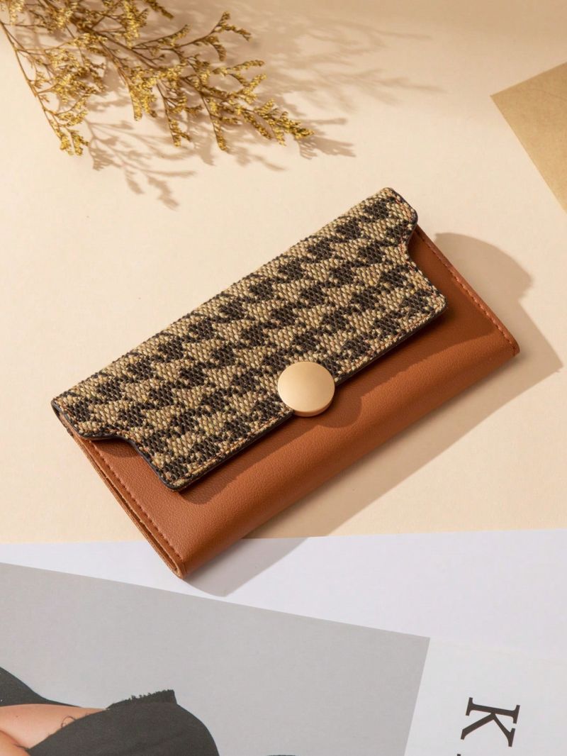 Fold Over Long Wallet Houndstooth Pattern PU