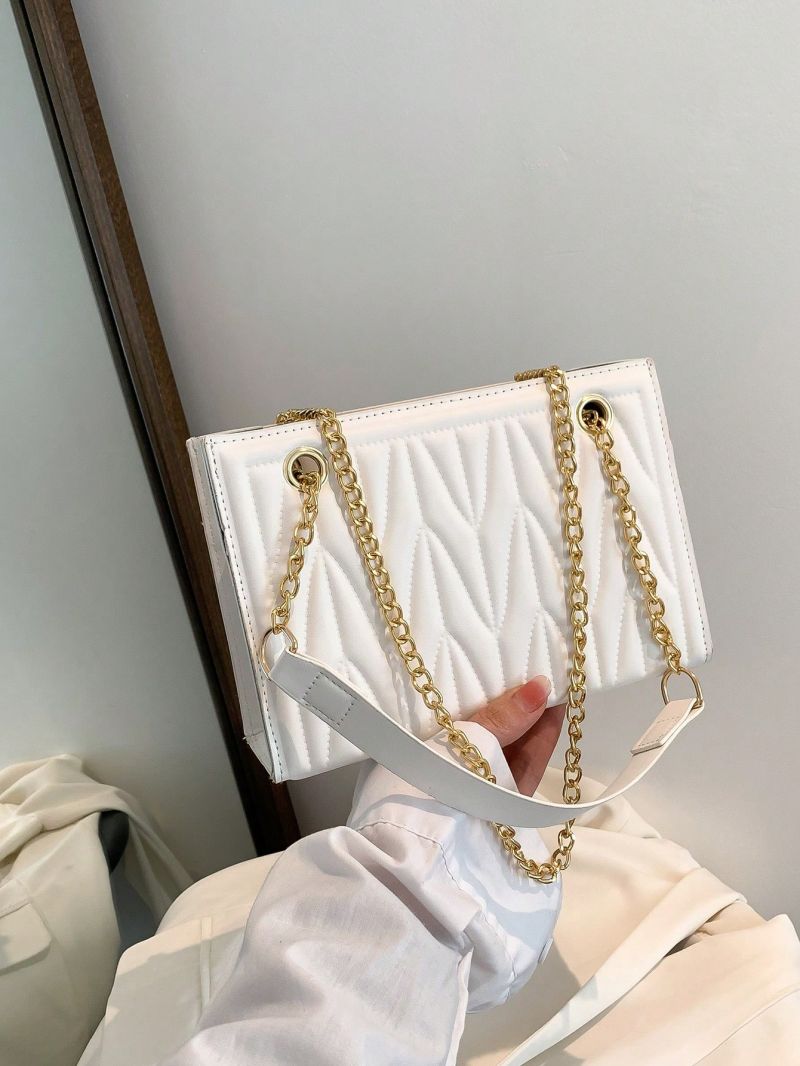 Small Square Bag White Quilted Chain PU
