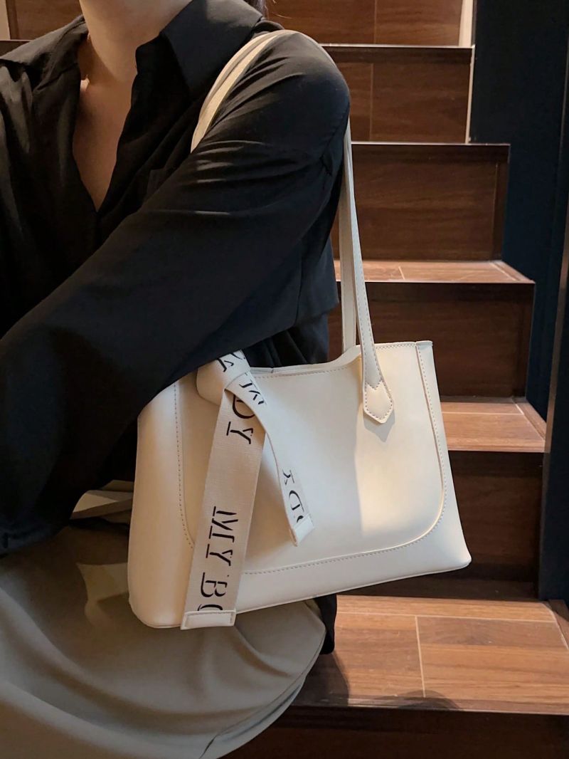 Small Shoulder Tote Bag Letter Tape Decor With Inner Pouch