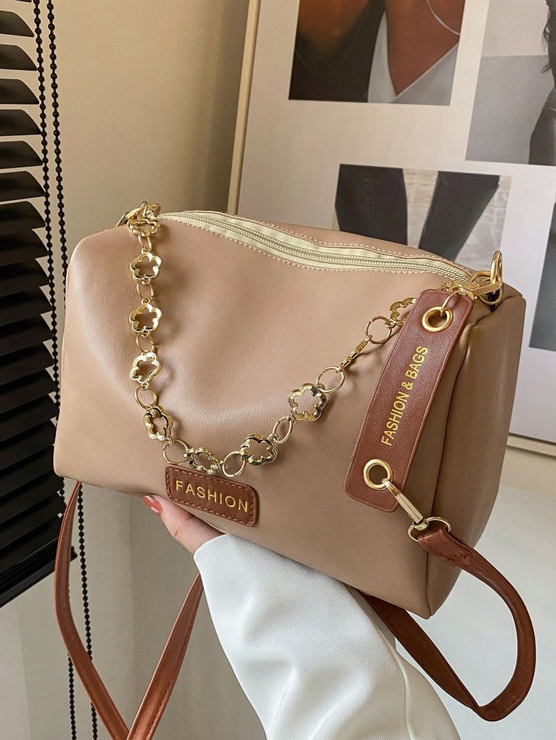 Letter Patch & Chain Decor Bucket Bag