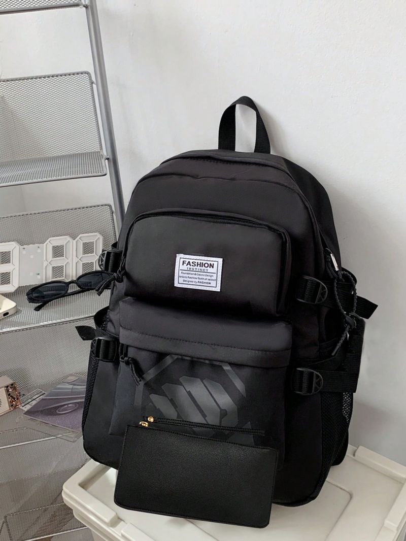 2pcs Bag Set Letter Patch Decor Classic Backpack Black Purse