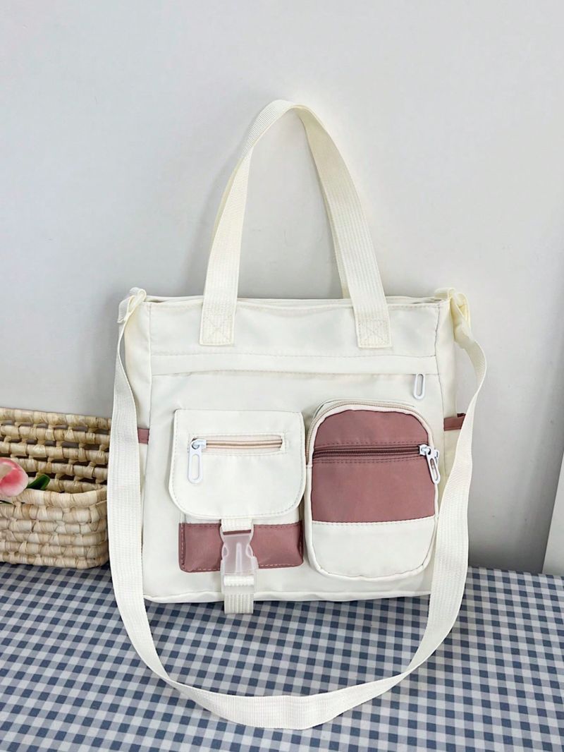 Two Tone Shopper Bag Pocket Front Preppy