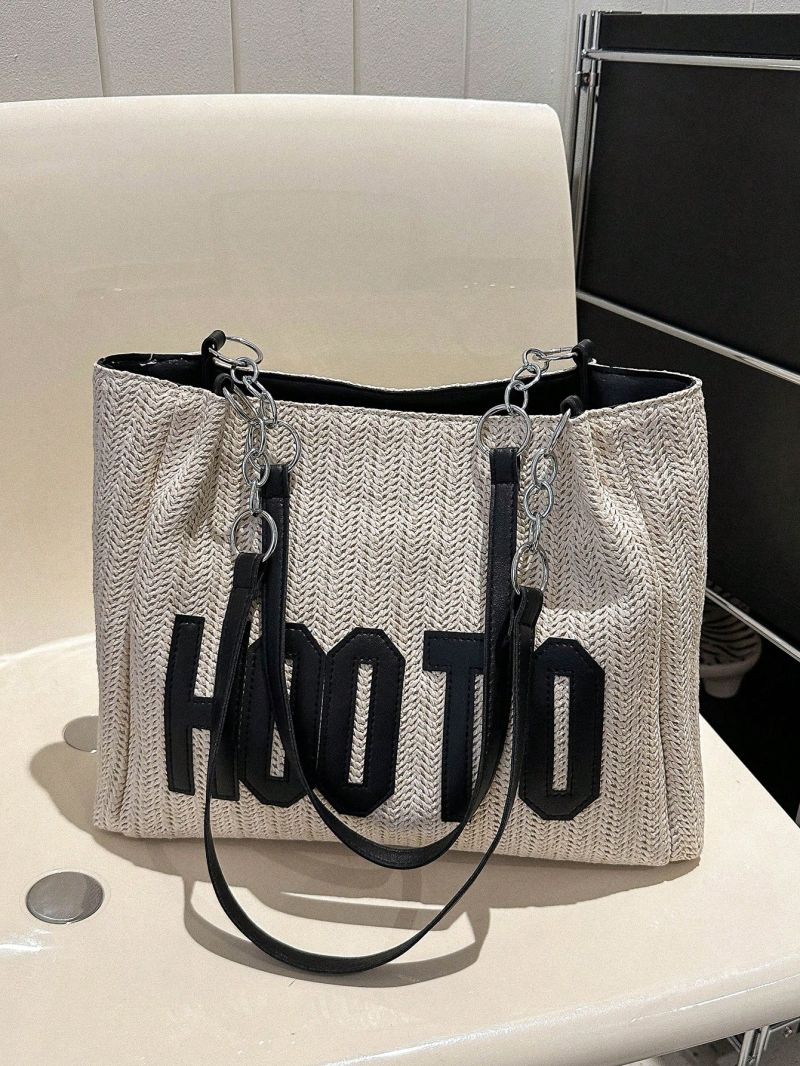 Medium Straw Bag Letter Patch Double Handle For Vacation