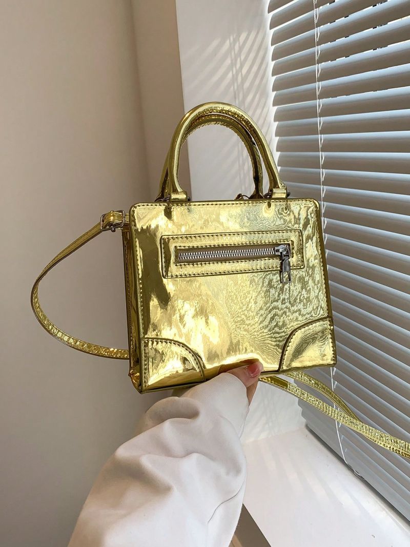 Mini Square Bag Gold Zipper Front Decor Double Handle