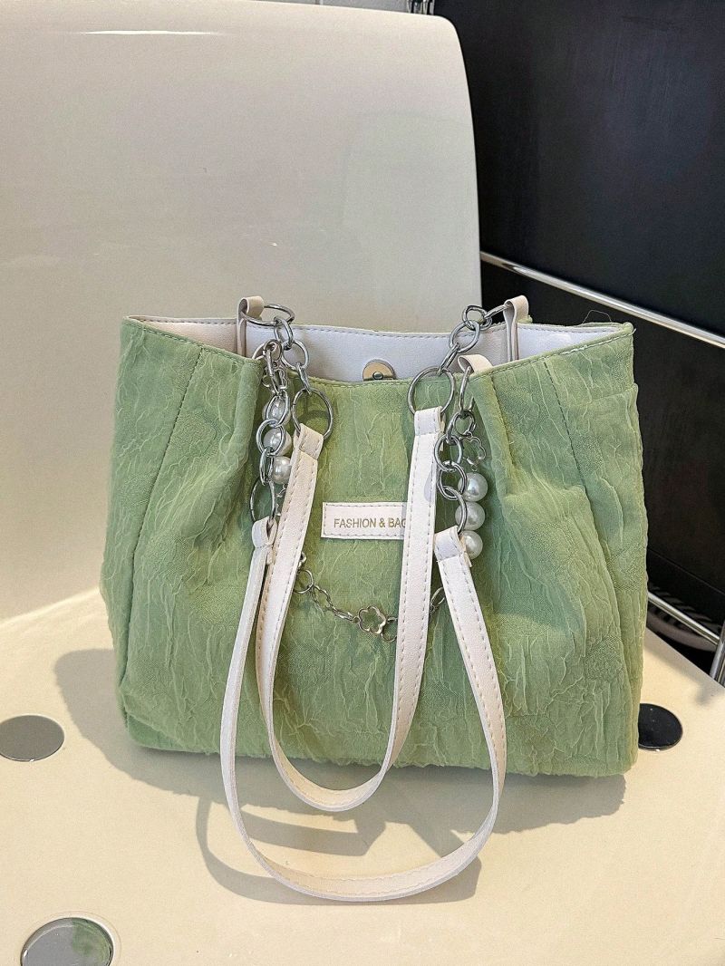 Medium Shoulder Bag Letter Patch Decor Double Handle Faux Pearl Decor