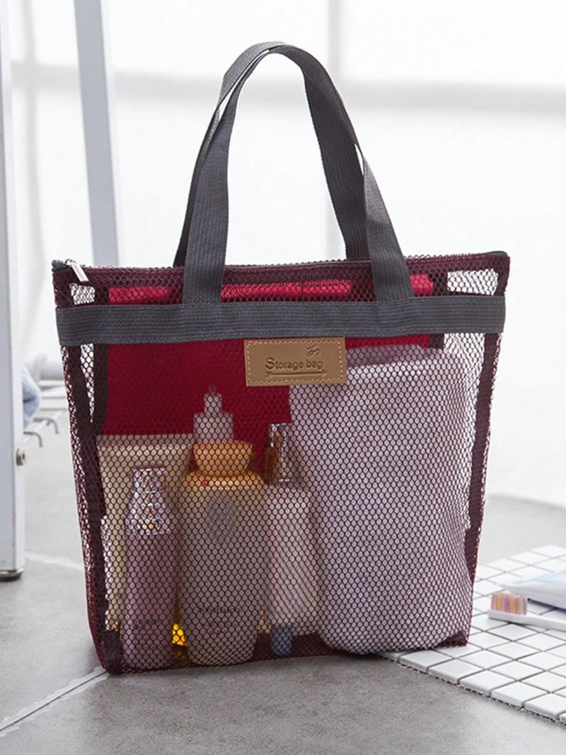 Mesh Design Beach Bag Letter Patch Decor With Zipper