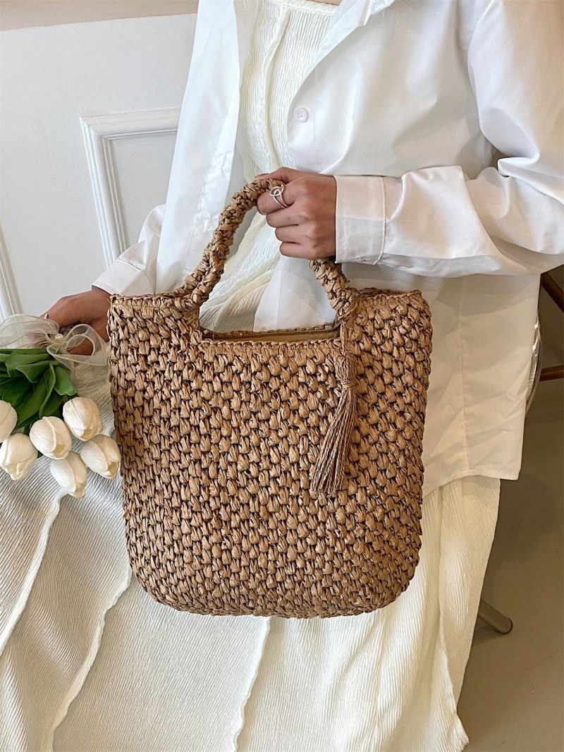 Small Straw Bag Double Handle Tassel Decor