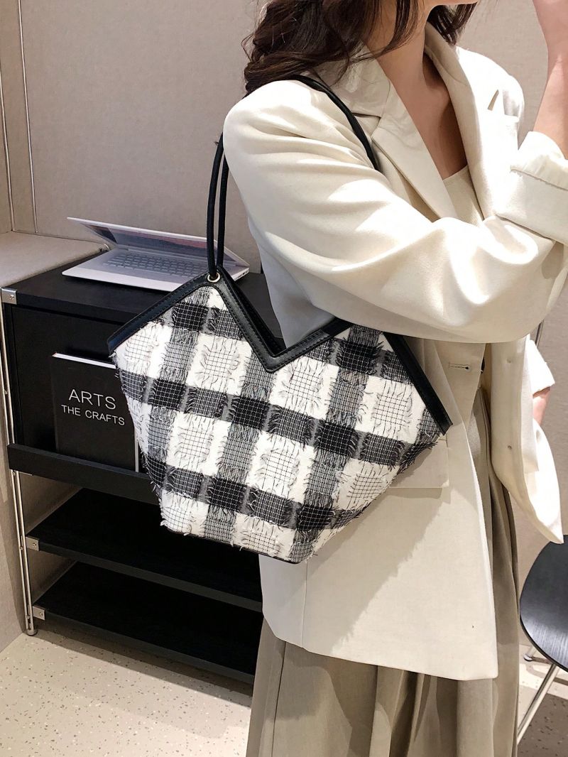 Medium Tote Bag Plaid Pattern Double Handle