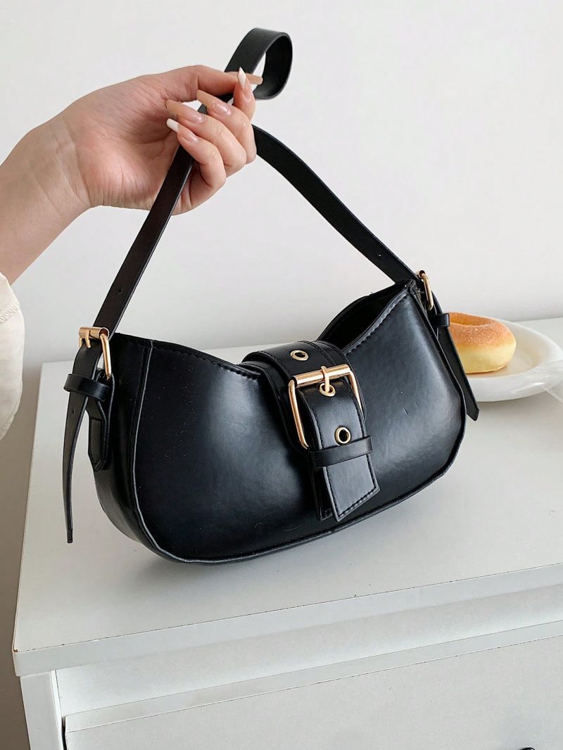 Small Hobo Bag Solid Color Buckle Decor