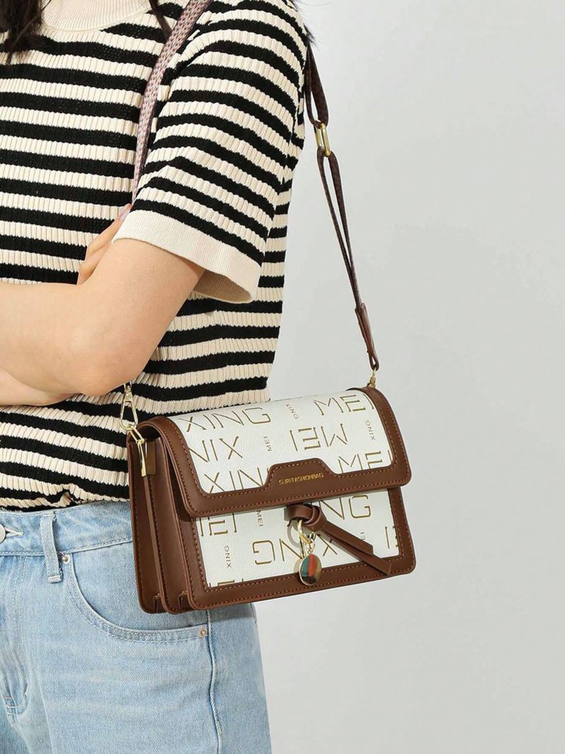 Small Flap Square Bag Letter Graphic Metal Decor