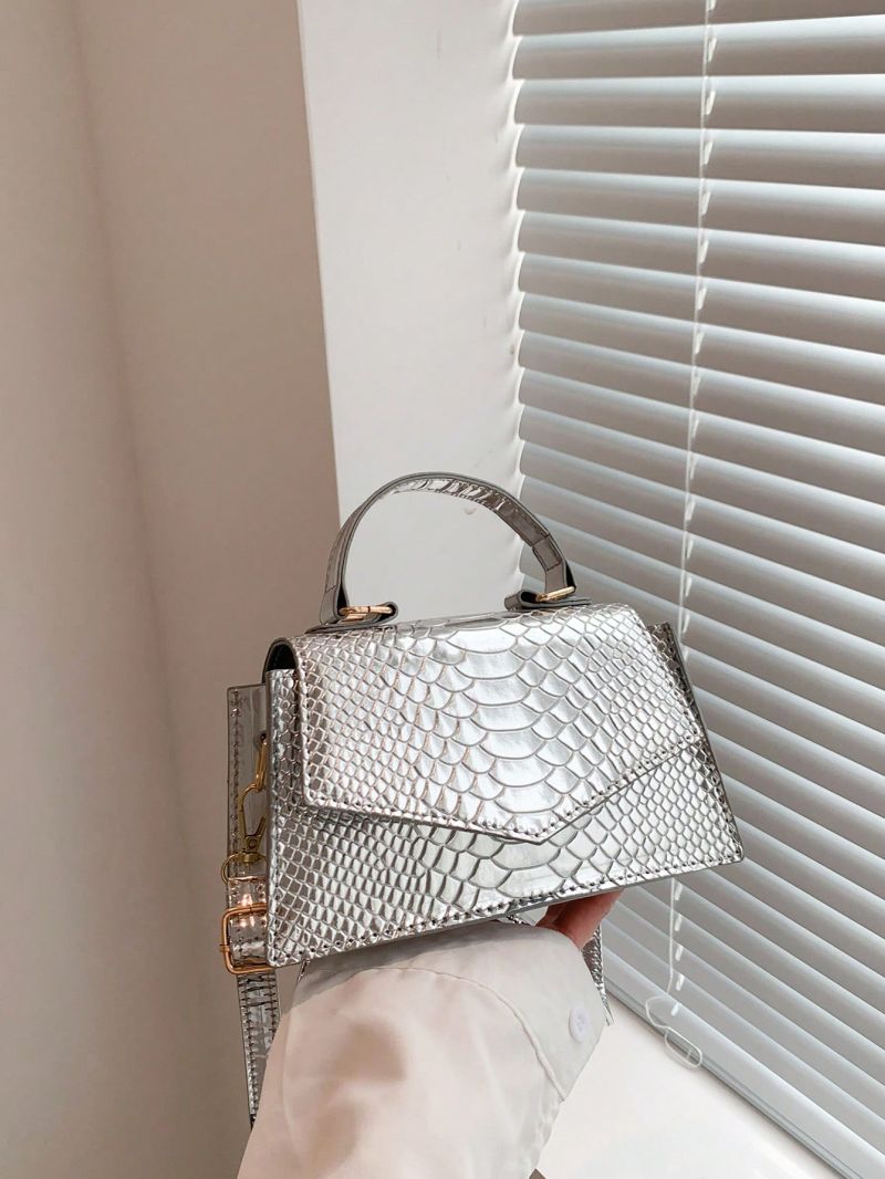 Mini Square Bag Metallic Funky Snakeskin Embossed Flap PU