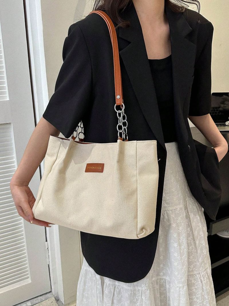 Letter Patch Detail Shoulder Tote Bag Polyester Chain