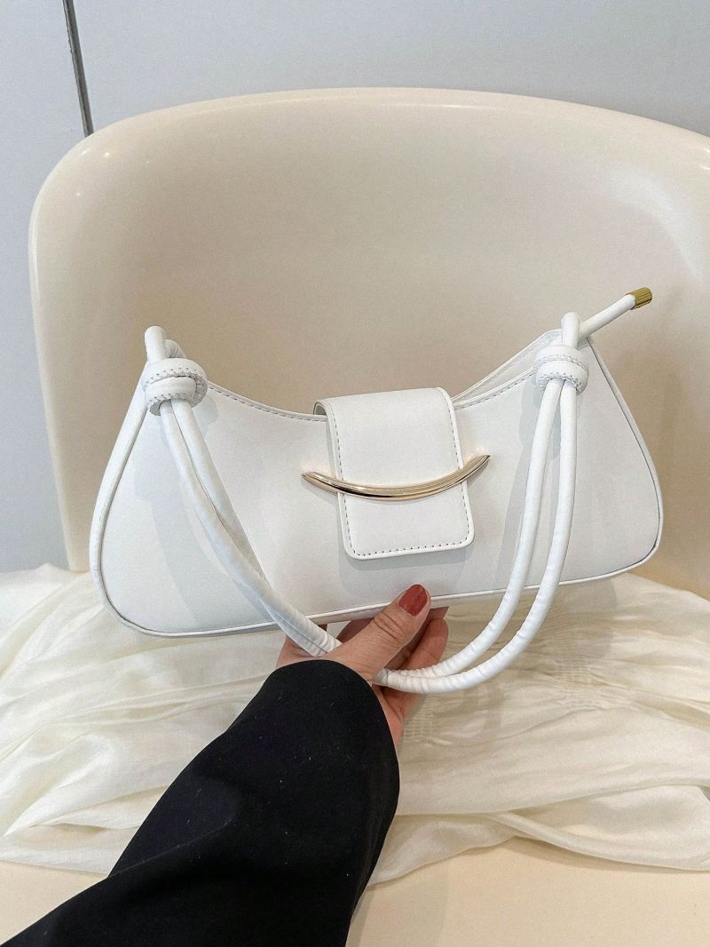 Metal Decor Baguette Bag Flap Zipper White PU
