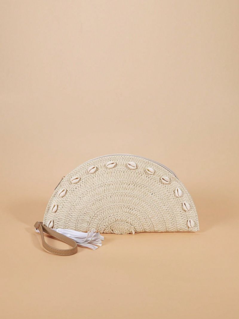 Shell & Tassel Decor Straw Bag With Zipper Vacation