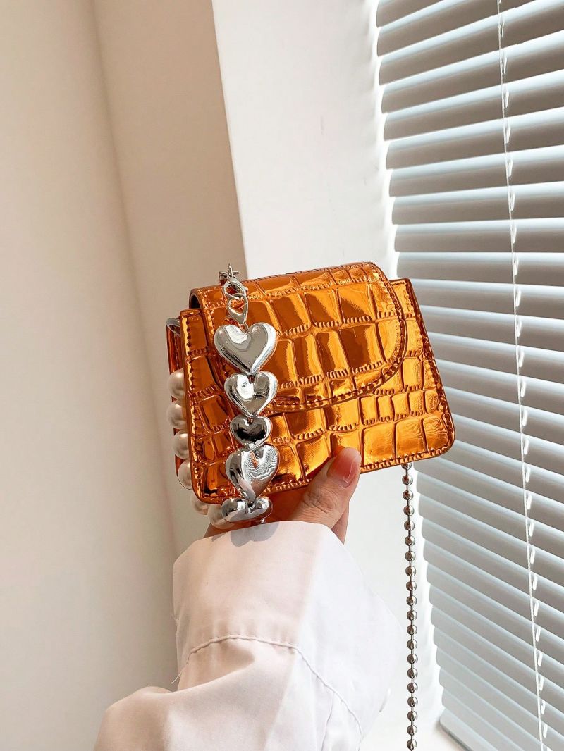 Faux Pearl Beaded Square Bag Crocodile Embossed Funky