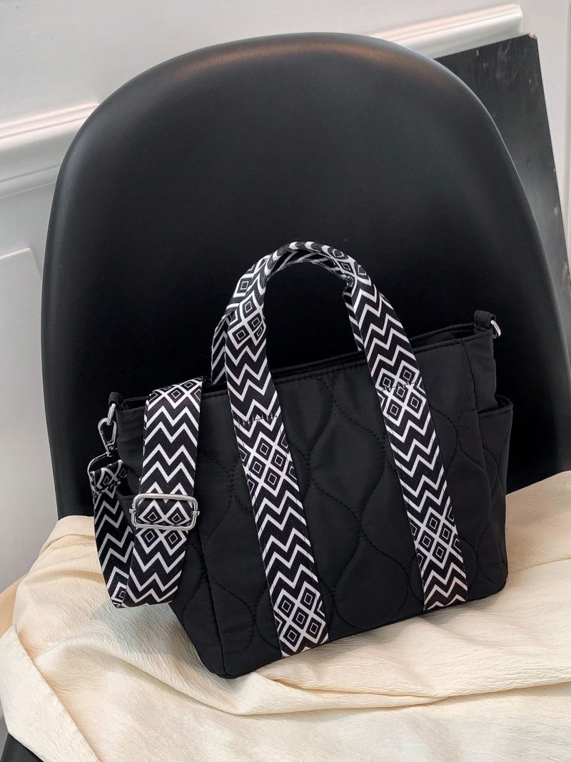 Small Tote Bag Quilted Geometric Pattern Strap