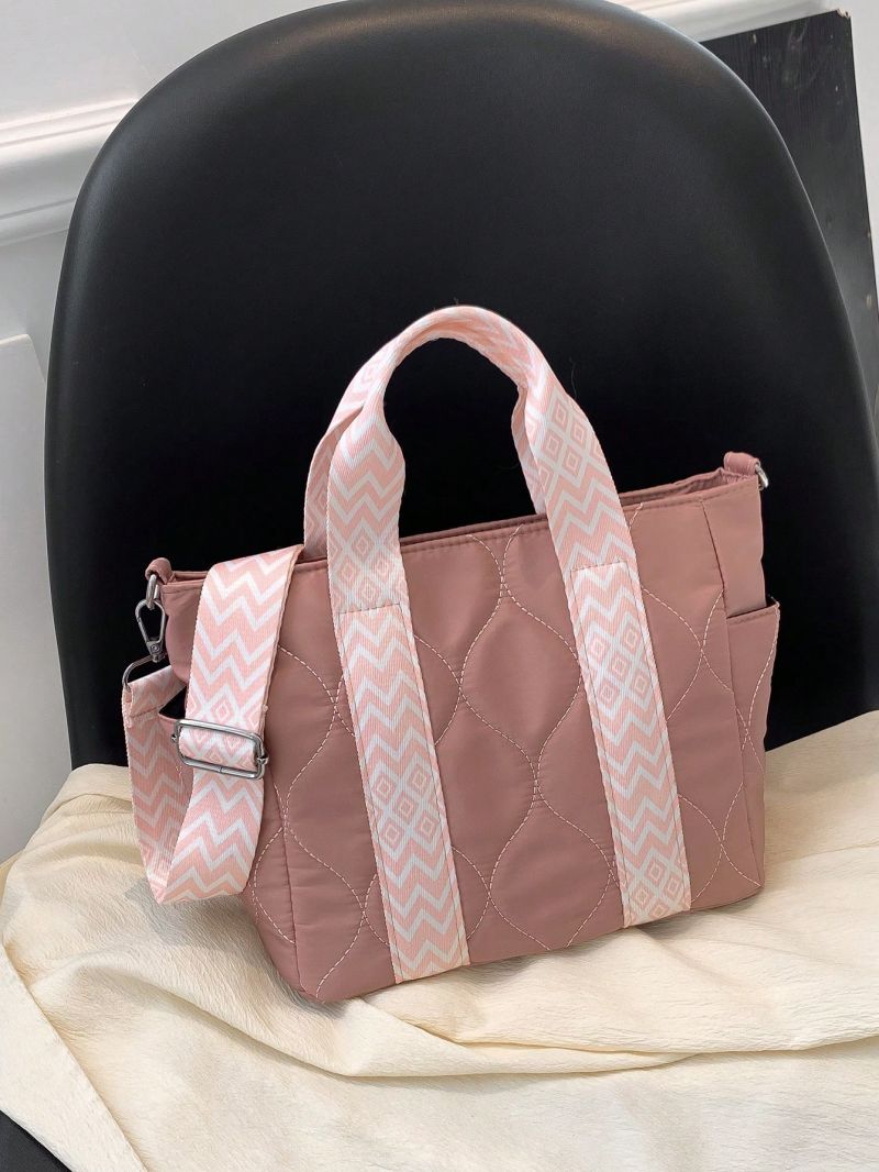 Small Tote Bag Quilted Geometric Pattern Strap