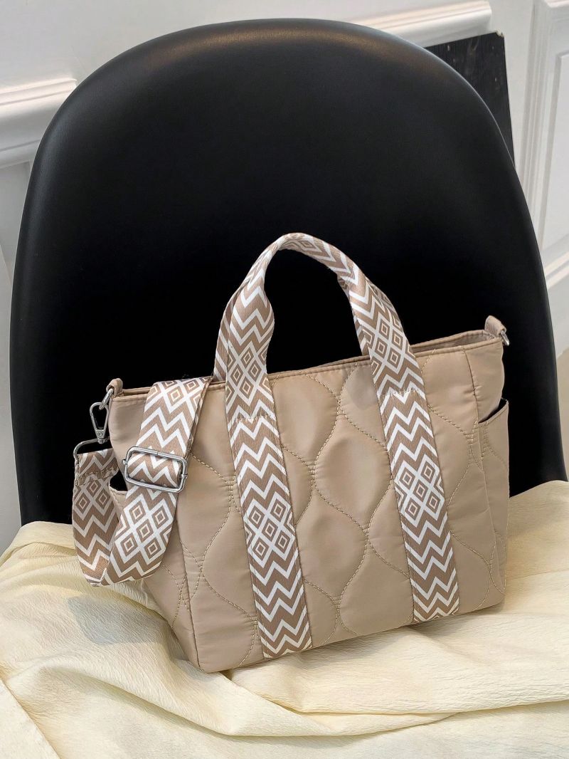 Small Tote Bag Quilted Geometric Pattern Strap