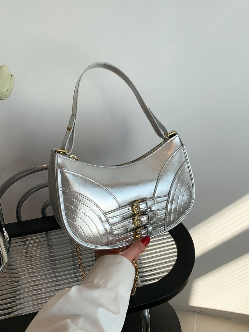 Buckle Decor Baguette Bag Metallic Silver