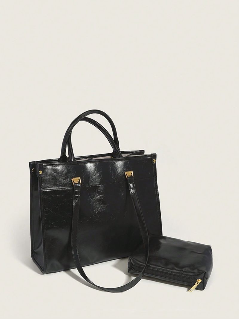 Black Top Handle Bag Minimalist Double Handle With Coin Purse