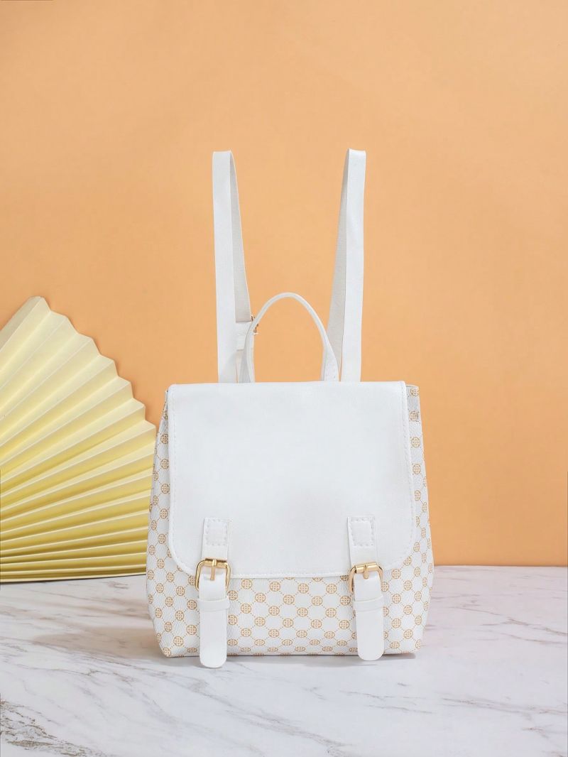 Geometric Pattern Flap Backpack Buckle Decor White PU