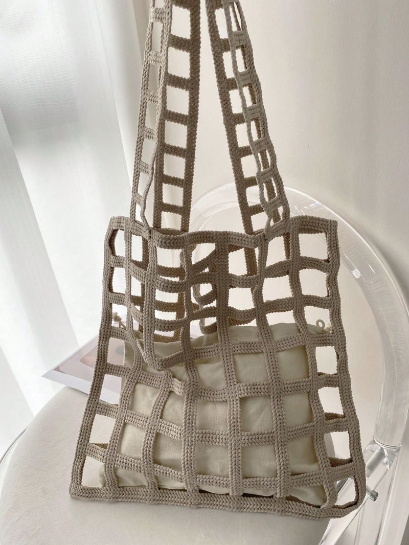 Medium Crochet Bag Brown Double Handle With Inner Pouch Beach Bag