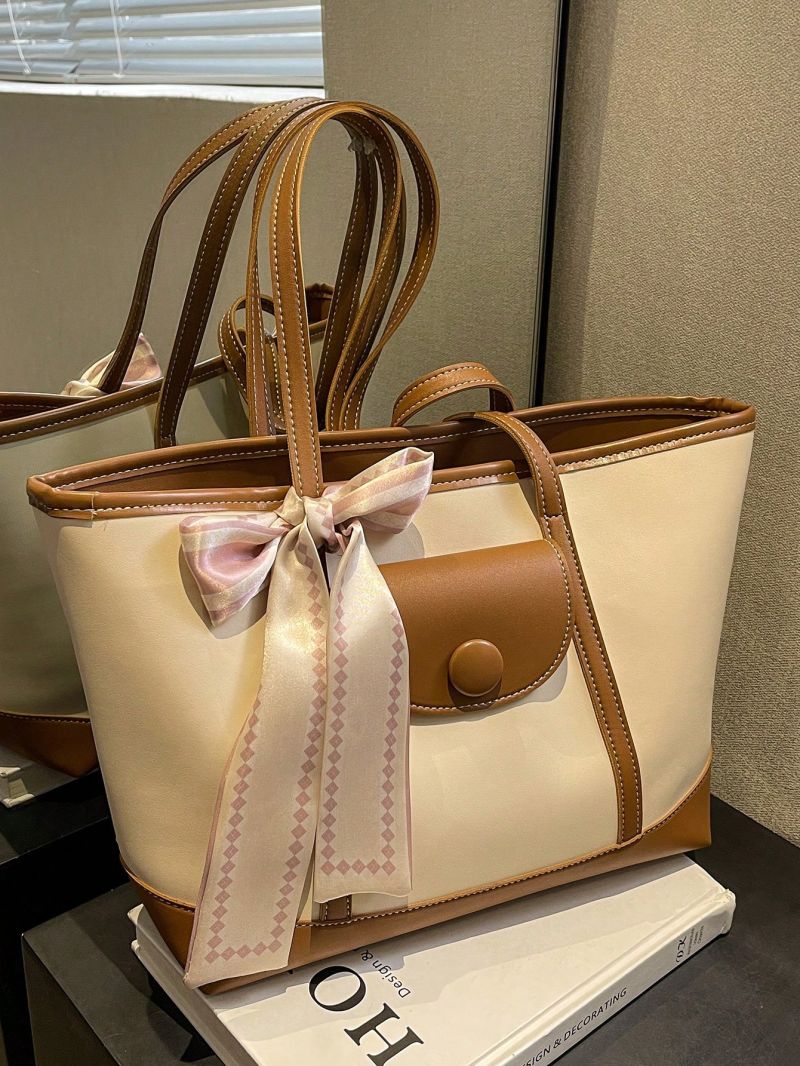 Medium Tote Bag Twilly Scarf Decor Double Handle Two Tone