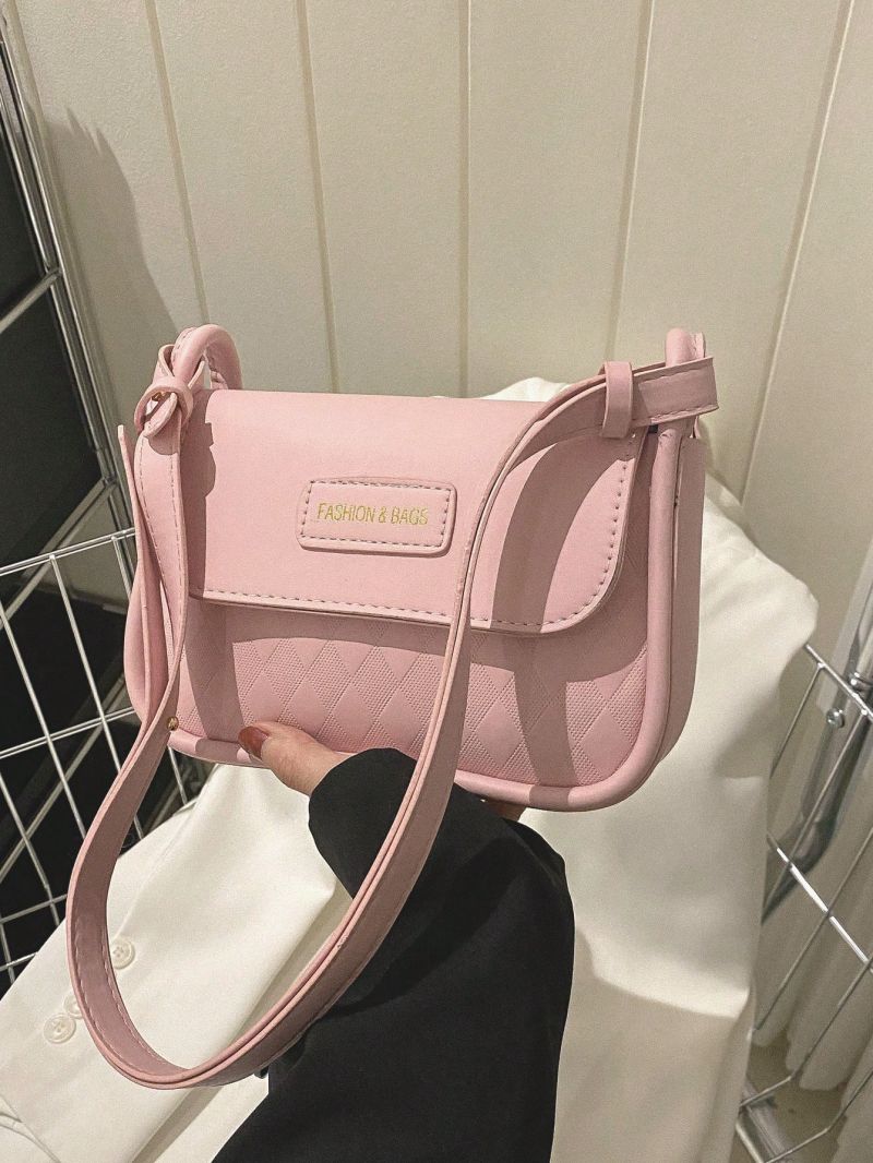 Argyle Embossed Square Bag Letter Patch Decor Flap PU