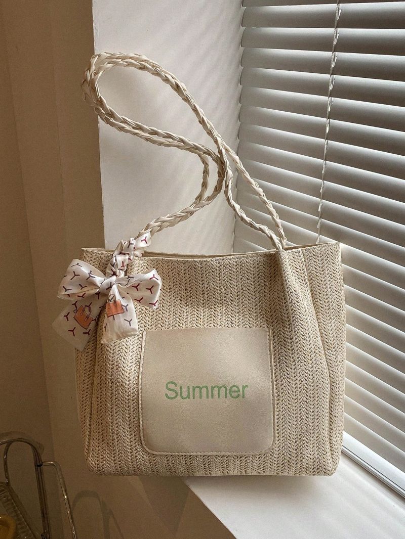 Letter Graphic Straw Bag Medium Twilly Scarf Decor Vacation