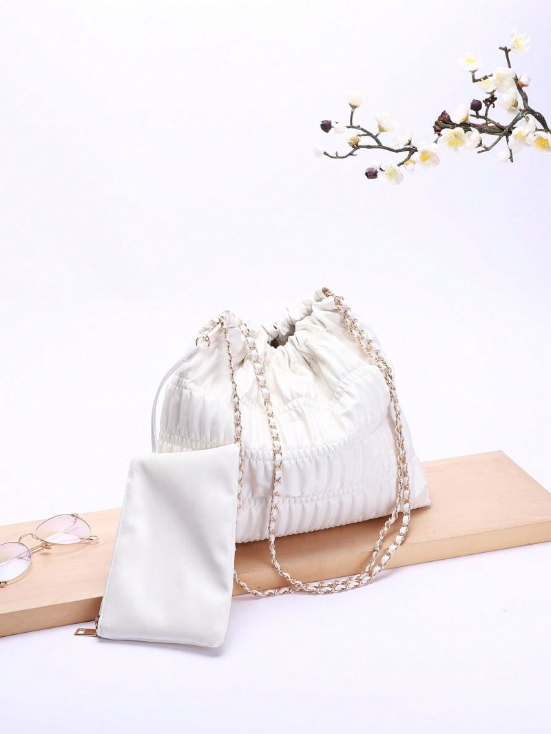 White Ruched Bag Drawstring Chain PU With Purse