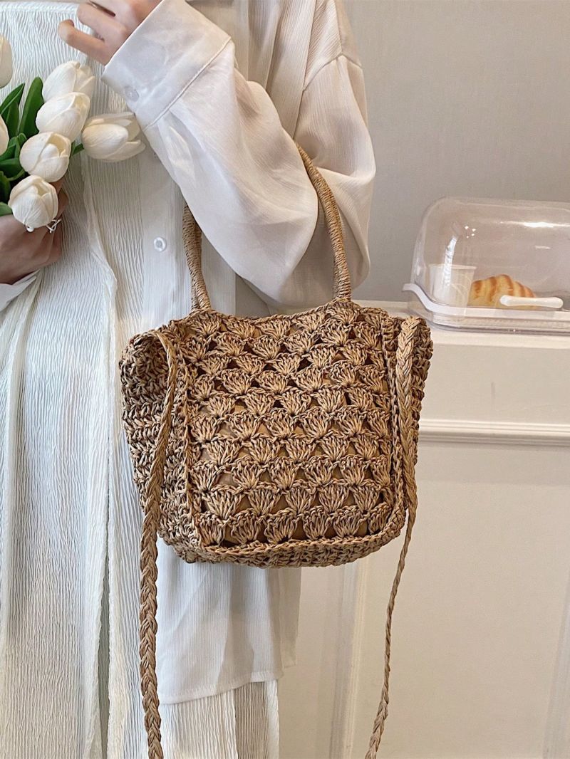 Medium Straw Bag Hollow Out Double Handle For Vacation