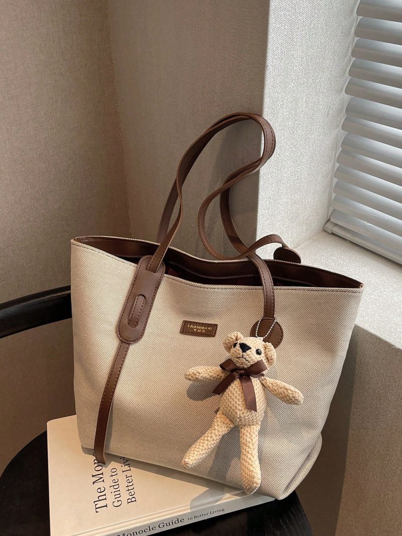 Large Shoulder Tote Bag Letter Patch With Bag Charm For Work