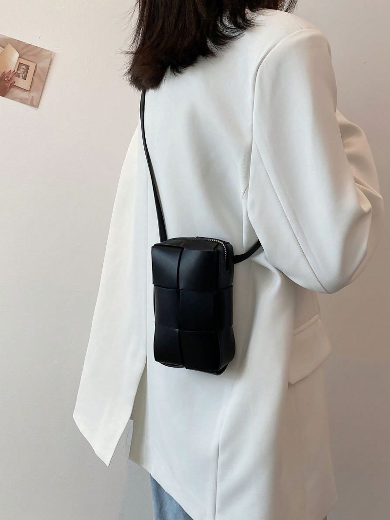 Mini Square Bag Black Braided Textured For Daily