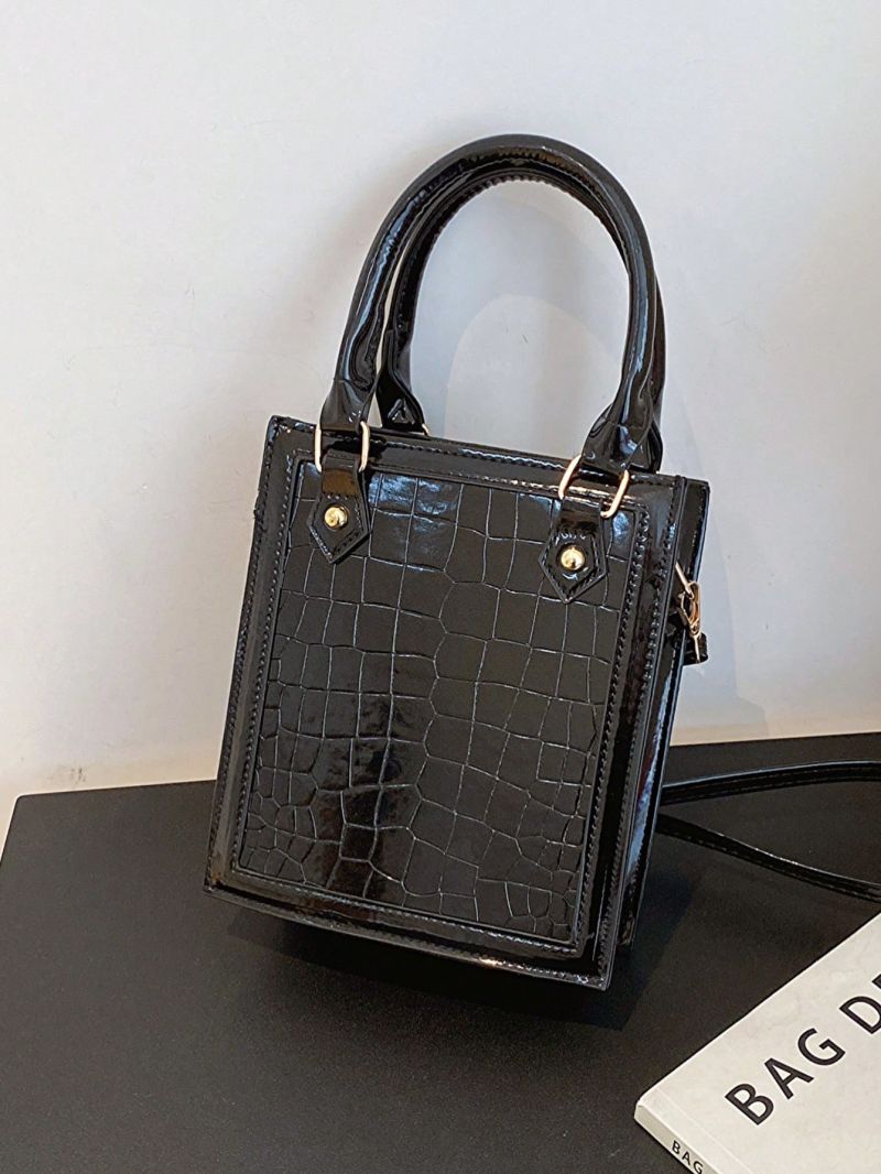 Mini Square Bag Black Crocodile Embossed Double Handle PU